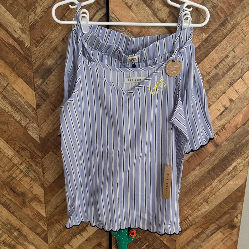 Rae Dunn LRG woman’s Blue Striped Pajama Set NWT scalloped edges embroidered